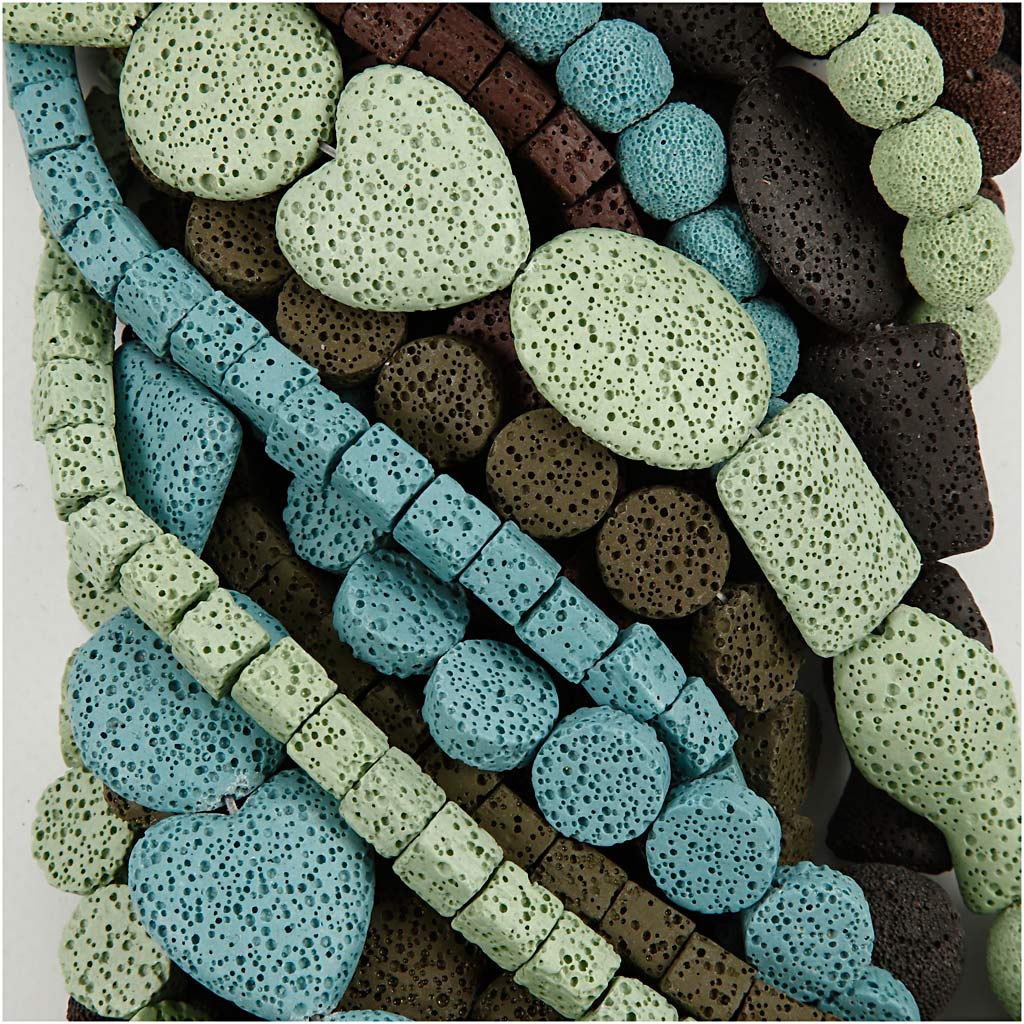 Lava Beads, size 6-37 mm, hole size 1+2 mm, Content may vary , ca. 890 pc, assorted colours, 20 strands/ 1 pack [HOB-63589]