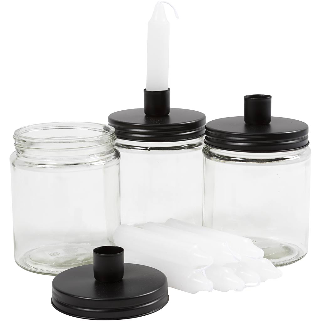 Jar with candle holder and candle, H: 15 cm, dia. 9.5 cm, size 15 cm, 6 set
