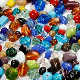 Glass Beads, size 7-18 mm, hole size 1 mm, ca. 600 pc, assorted colours, 1000 g/ 1 pack [HOB-68414]
