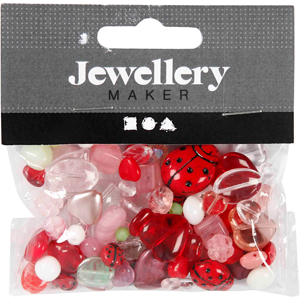 Glass beads, Ladybugs, leaves, hearts, size 5-22 mm, hole size 0,5-1,5 mm, assorted colours, 60 g/ 1 pack [HOB-684230]