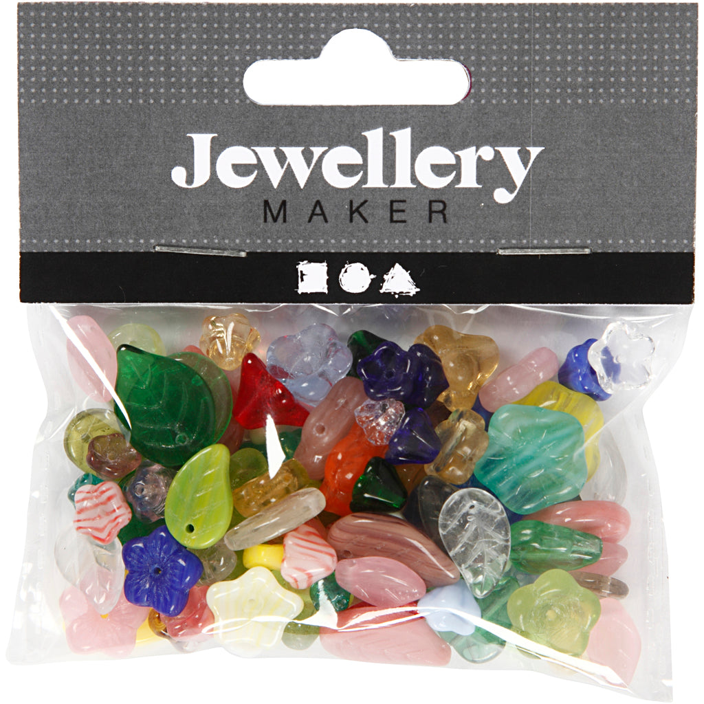 Glass beads, leaves, flowers, dia. 6-17 mm, hole size 0,5-1,5 mm, assorted colours, 60 g/ 1 pack [HOB-684260]