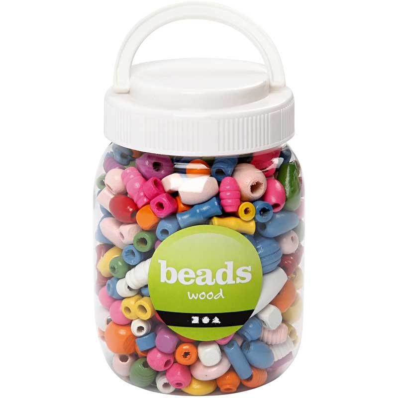 Wooden Beads, size 5-28 mm, hole size 2,5-3 mm, ca. 466 pc, assorted colours, 175 g, 400 ml/ 1 bucket [HOB-684760]