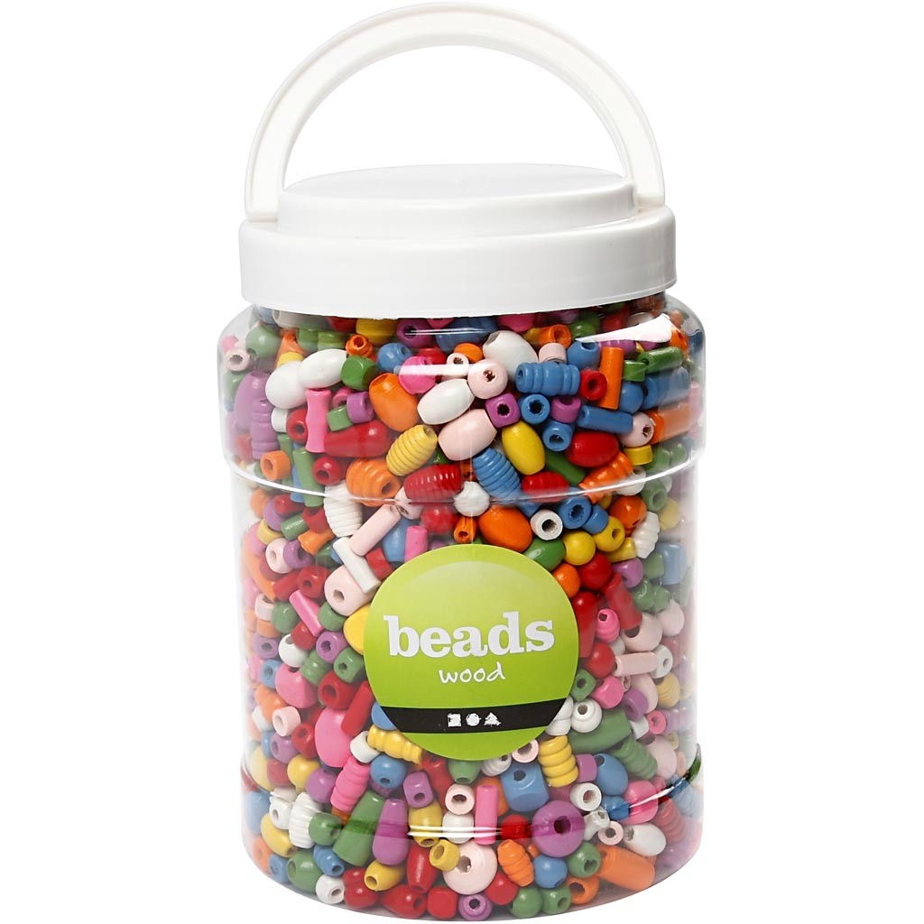 Wooden Beads, size 5-28 mm, hole size 2,5-3 mm, ca. 1938 pc, assorted colours, 850 g, 2 L/ 1 bucket [HOB-68476]