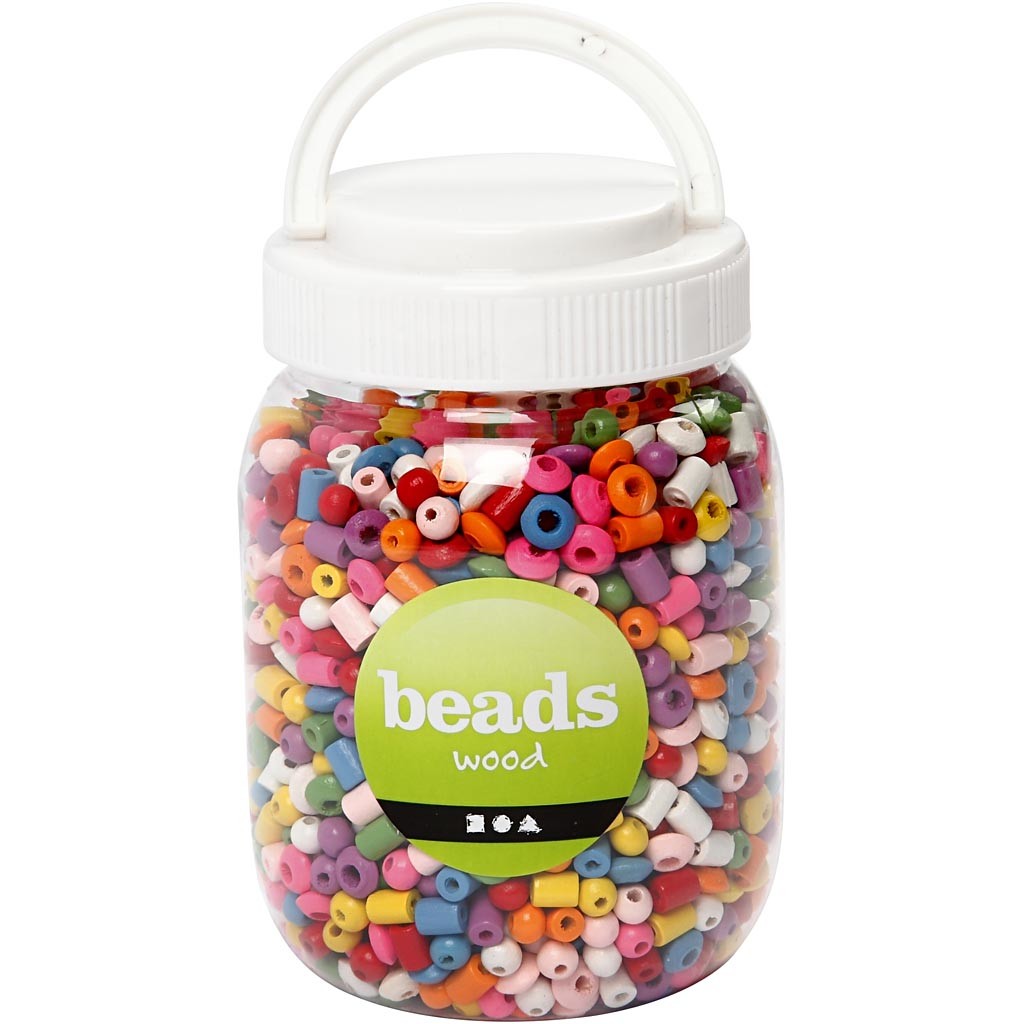 Wooden Beads, dia. 5-8 mm, hole size 1,5 mm, ca. 2170 pc, assorted colours, 175 g, 400 ml/ 1 bucket [HOB-68480]