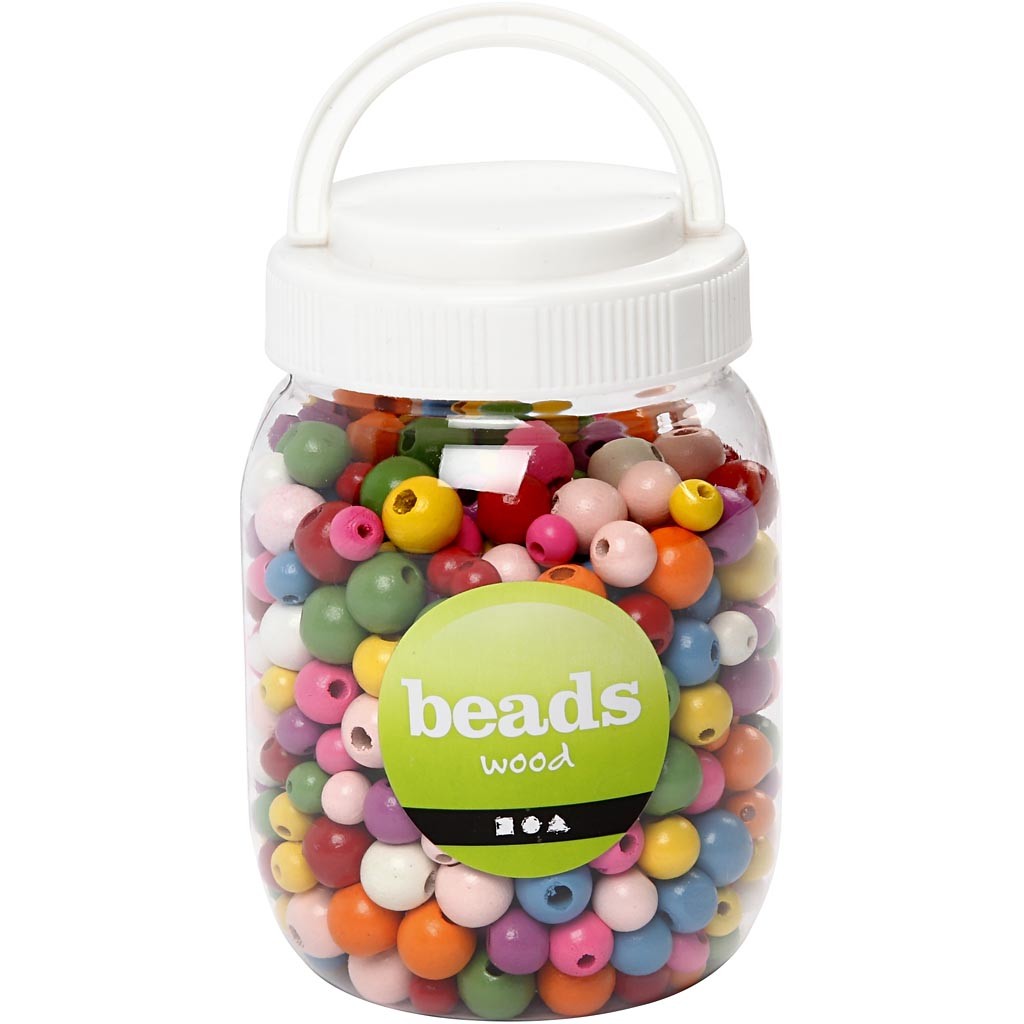 Wooden Beads, dia. 8+10+12 mm, hole size 2-2,5 mm, assorted colours, 400ml/ 1 bucket, 175 g [HOB-68481]