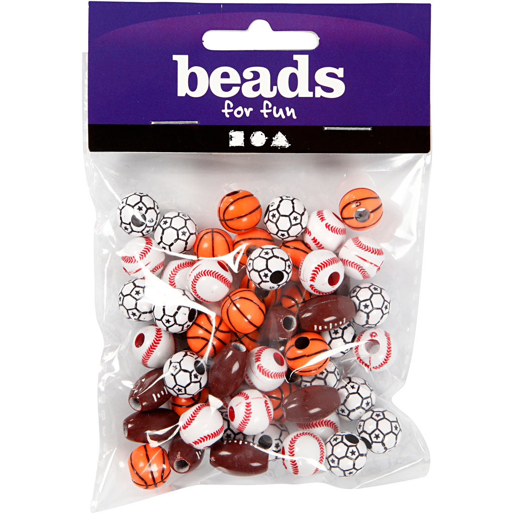 Sports Beads, size 11-15 mm, hole size 3-4 mm, ca. 55 pc, assorted colours, 45 g/ 1 pack [HOB-689840]