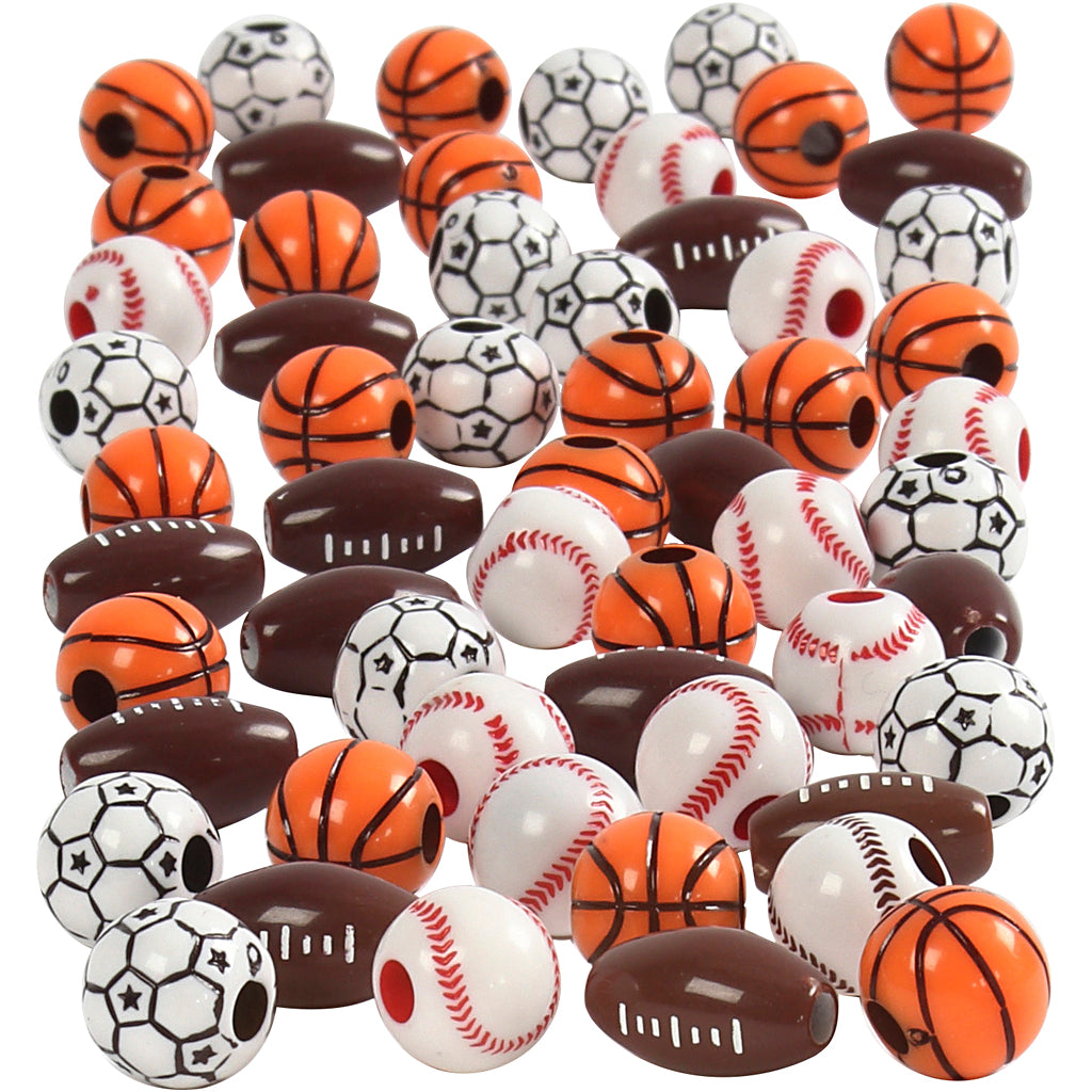 Sports Beads, size 11-15 mm, hole size 3-4 mm, assorted colours, 270g
