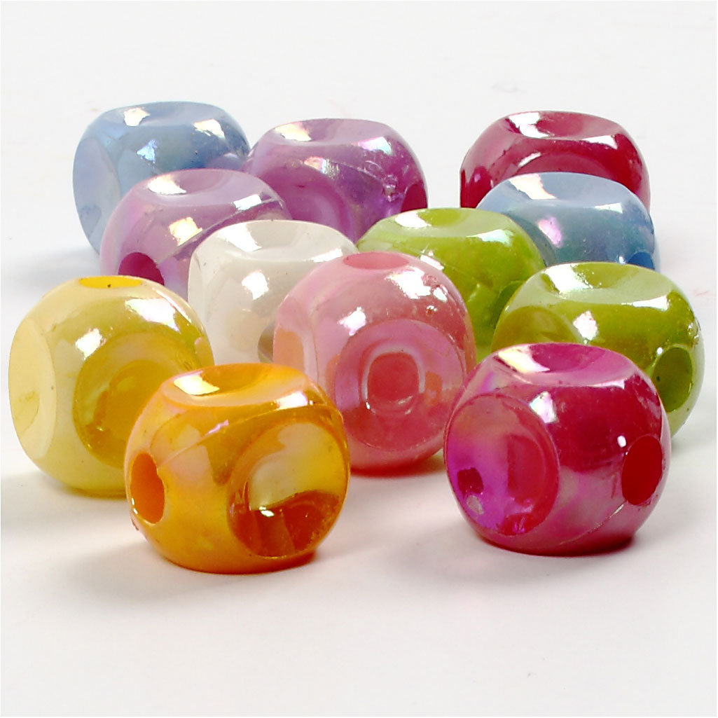 Dice Beads, size 10x10 mm, hole size 4 mm, ca. 520 pc, assorted colours, 400 g, 700 ml/ 1 tub [HOB-69701]