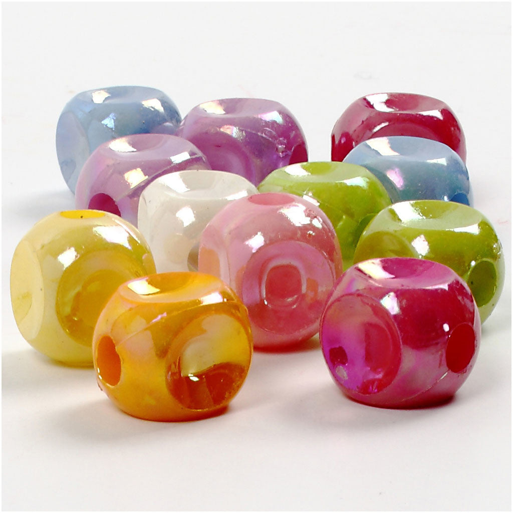 Dice Beads, size 10x10 mm, hole size 4 mm, ca. 520 pc, assorted colours, 400 g, 700 ml/ 1 tub [HOB-69701]