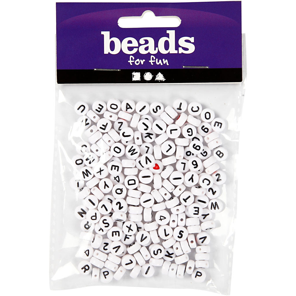 Letter Beads, size 7 mm, hole size 1,2 mm, ca. 200 pc, white, 25 g/ 1 pack [HOB-699050]