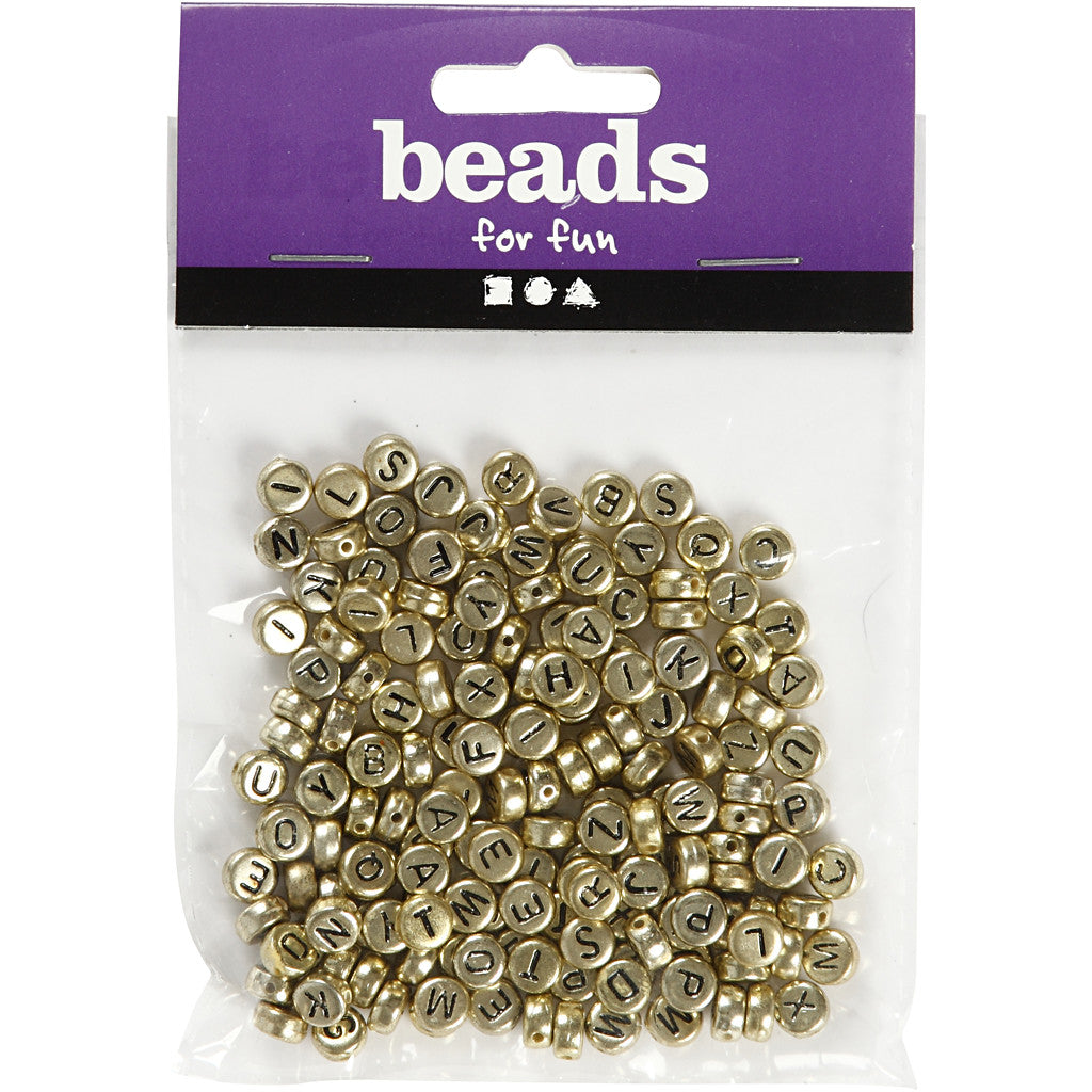 Letter Beads, dia. 7 mm, hole size 1,2 mm, ca. 200 pc, gold, 21 g/ 1 pack [HOB-699300]