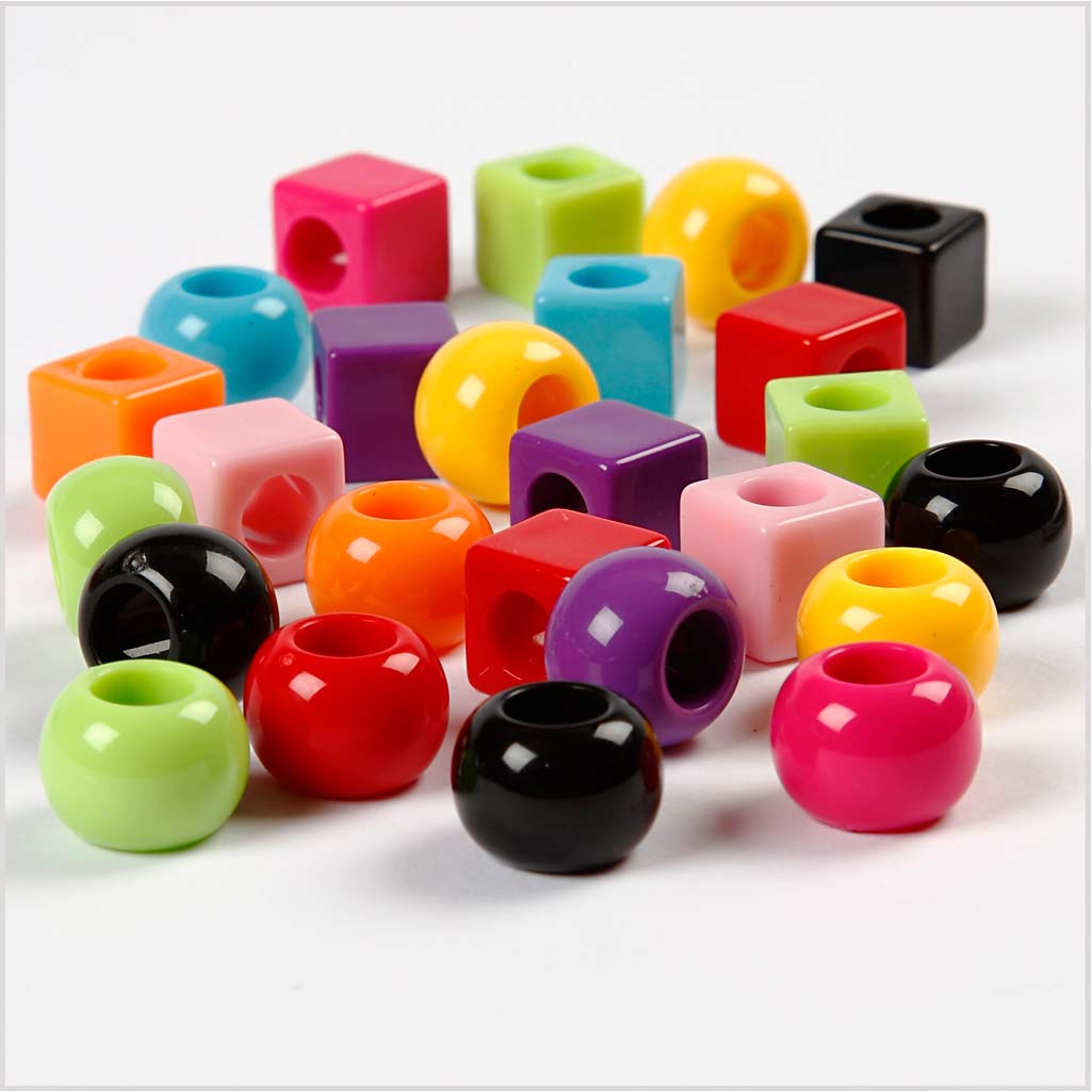 Plastic Beads, size 11 mm, hole size 7 mm, ca. 330 pc, assorted colours, 420 g, 700 ml/ 1 tub [HOB-69960]