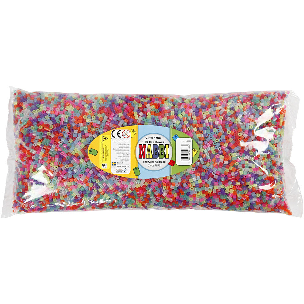 Fuse Beads, size 5x5 mm, hole size 2,5 mm, medium, glitter colours, 30000 asstd./ 1 pack [HOB-752401]