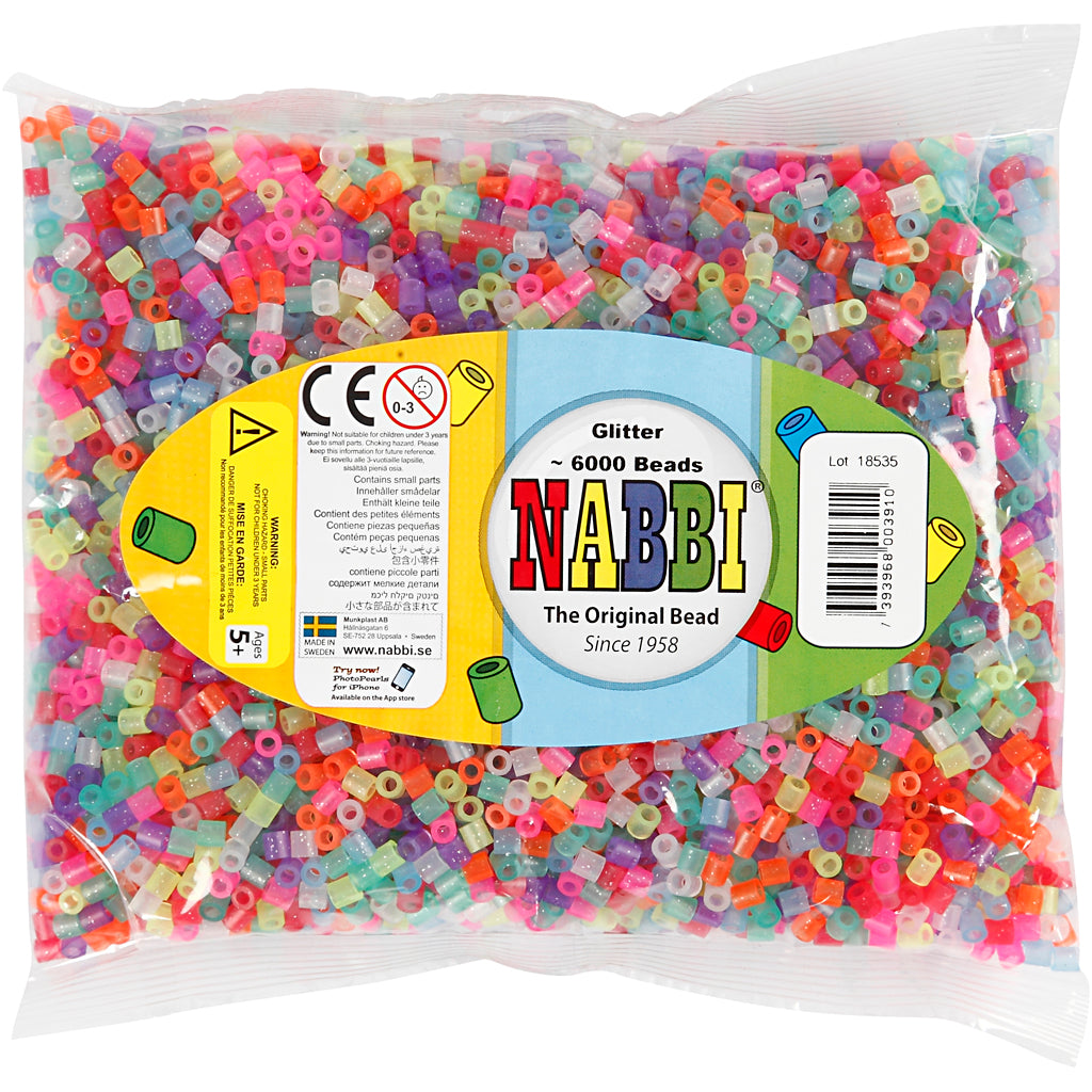 Fuse Beads, size 5x5 mm, hole size 2,5 mm, medium, glitter colours, 6000 asstd./ 1 pack [HOB-752421]