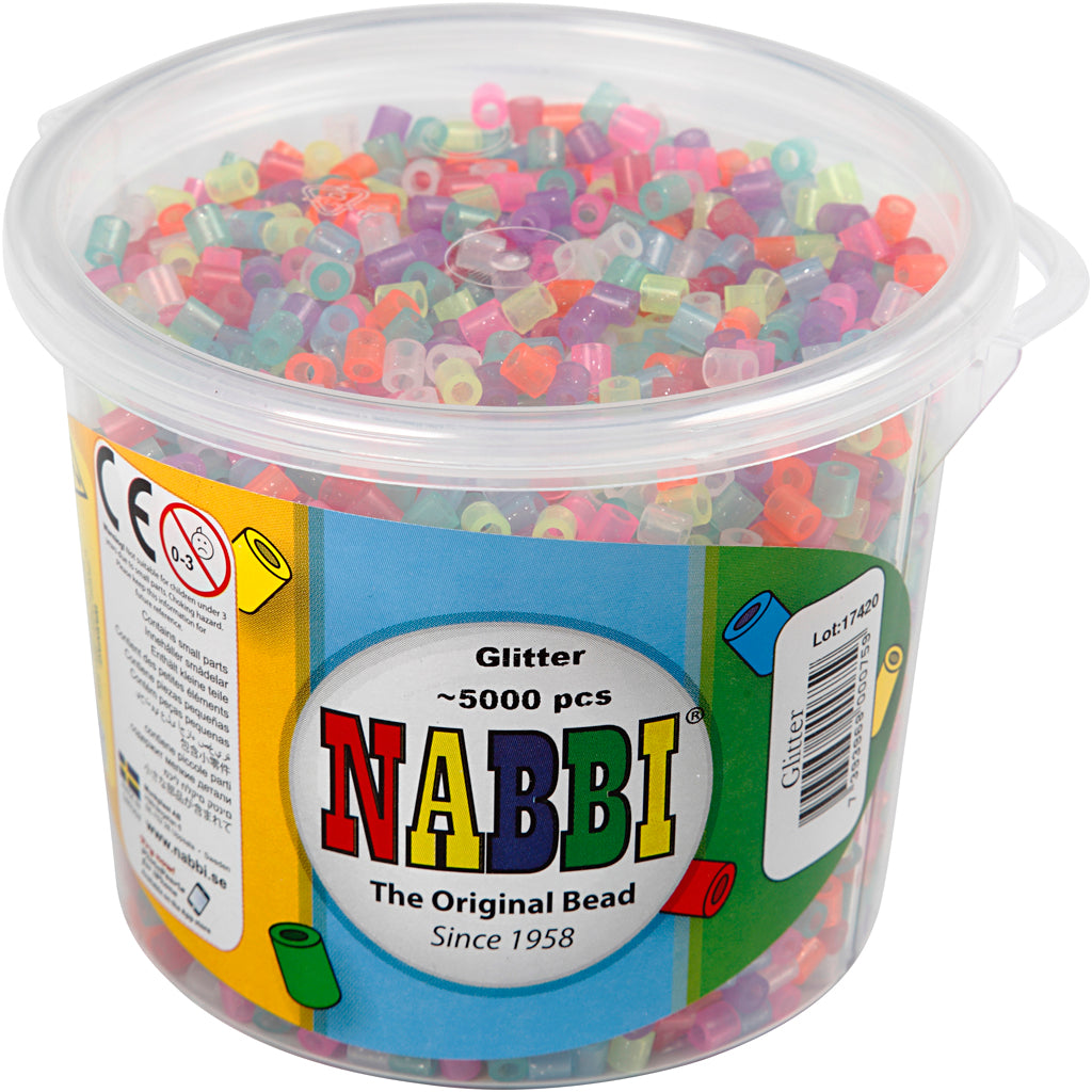 Fuse Beads, size 5x5 mm, hole size 2,5 mm, medium, glitter colours, 5000 asstd./ 1 bucket [HOB-75242]