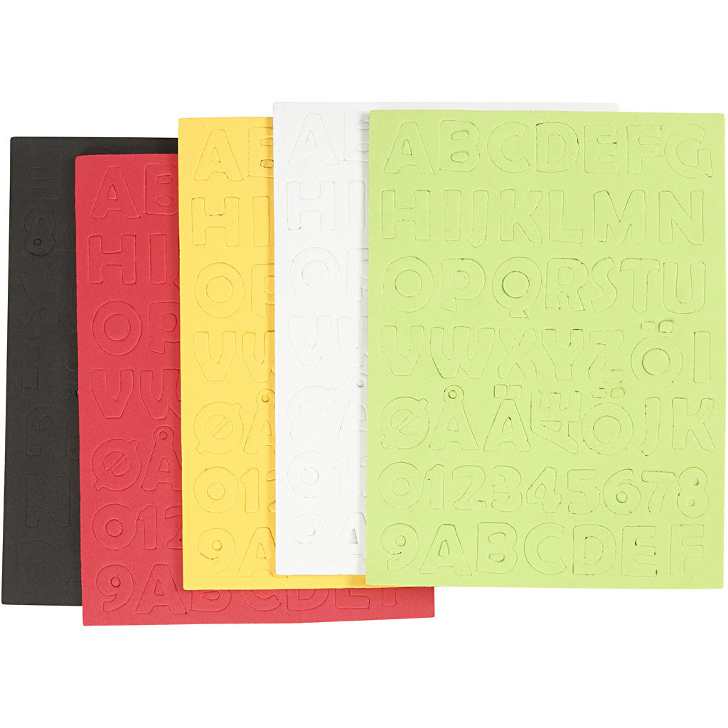 EVA Foam Letters & Numbers, sheet 15x21 cm, size 2-2,3 cm, thickness 2 mm, assorted colours, 5 sheet/ 1 pack [HOB-769014]