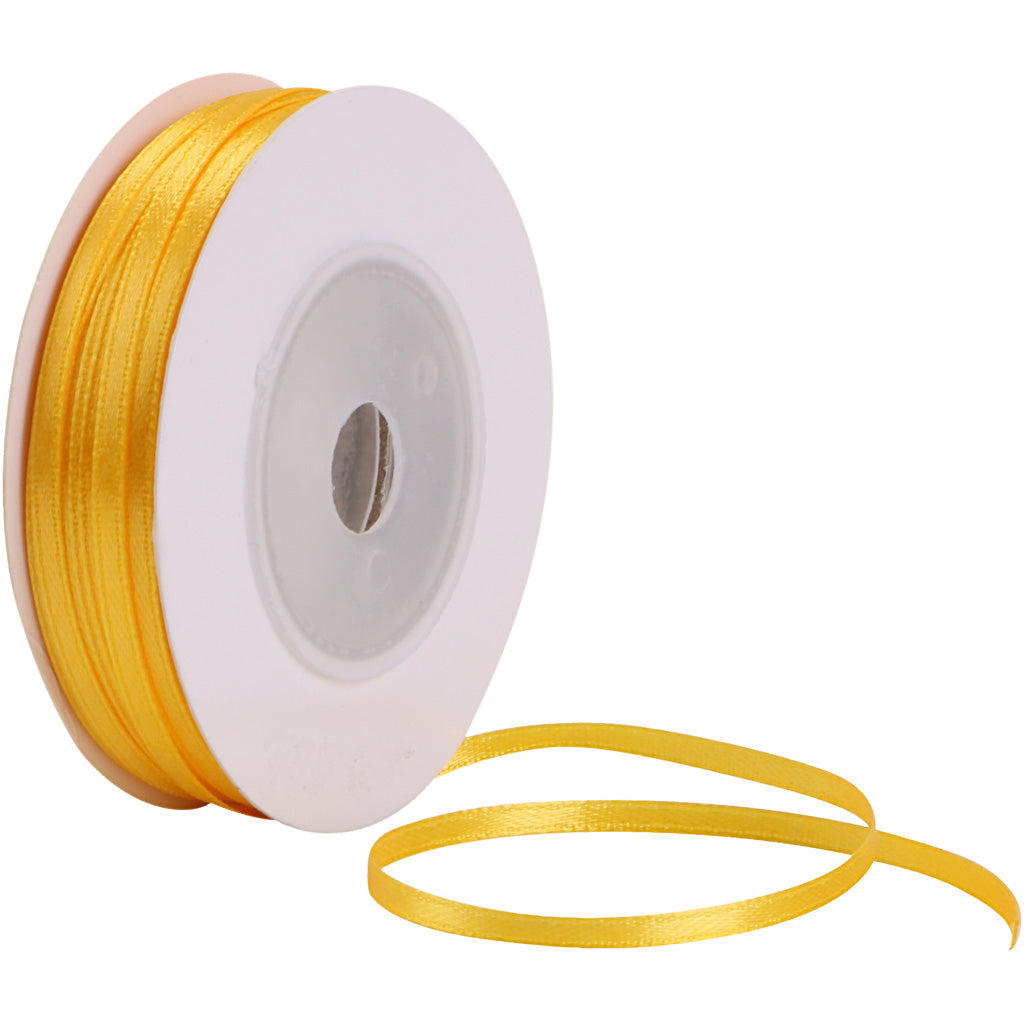 Satin Ribbon, W: 3 mm, sun yellow, 30 m/ 1 roll [HOB-780014]