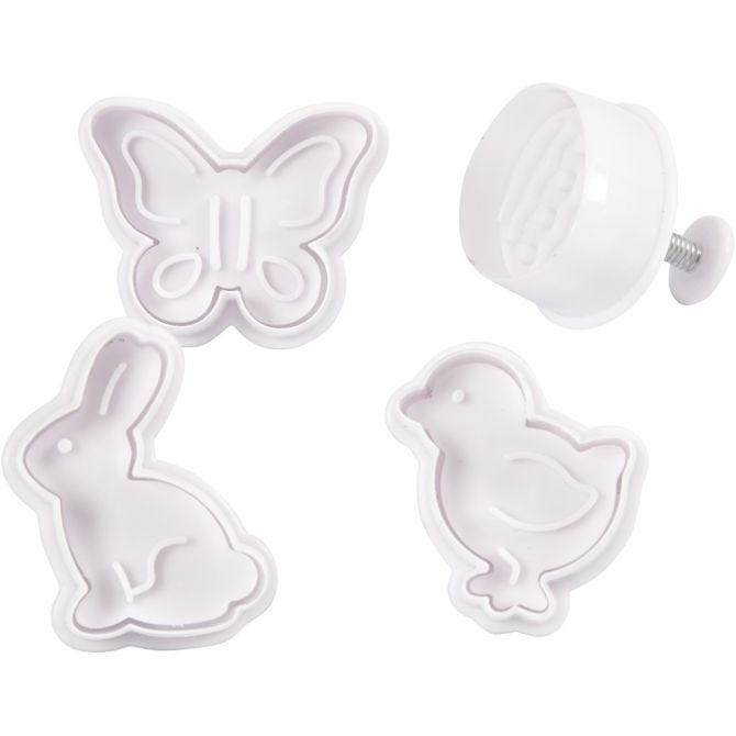 Embossing Cookie Cutters, Easter egg, hare, chicken, butterfly, H: 5 cm, white, 4 pc/ 1 pack [HOB-782872]