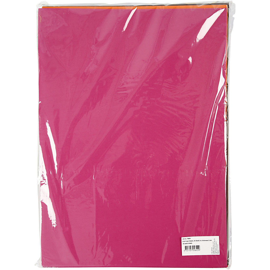 Foam Sheets, A3, sheet 297x420 mm, thickness 2 mm, assorted colours, 30 ass sheets/ 1 pack [HOB-79004]