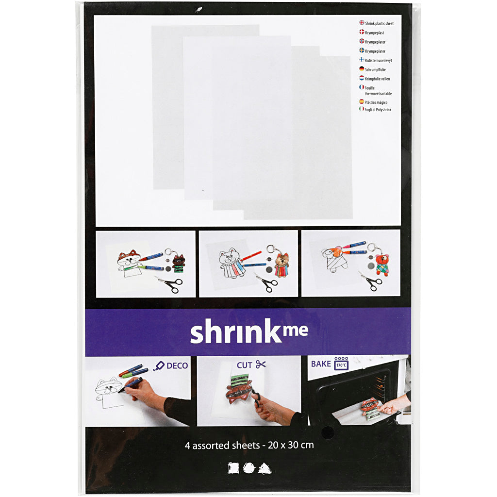 Shrink Plastic Sheets, sheet 20x30 cm, thickness 0,3 mm, gloss transparent, matt transparent, matt white, 4 sheet/ 1 pack [HOB-790999]