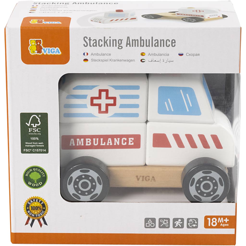 VIGA wooden stacking ambulance toy, Ambulance, size 13x10x8 cm, 1 pc [HOB-907664]