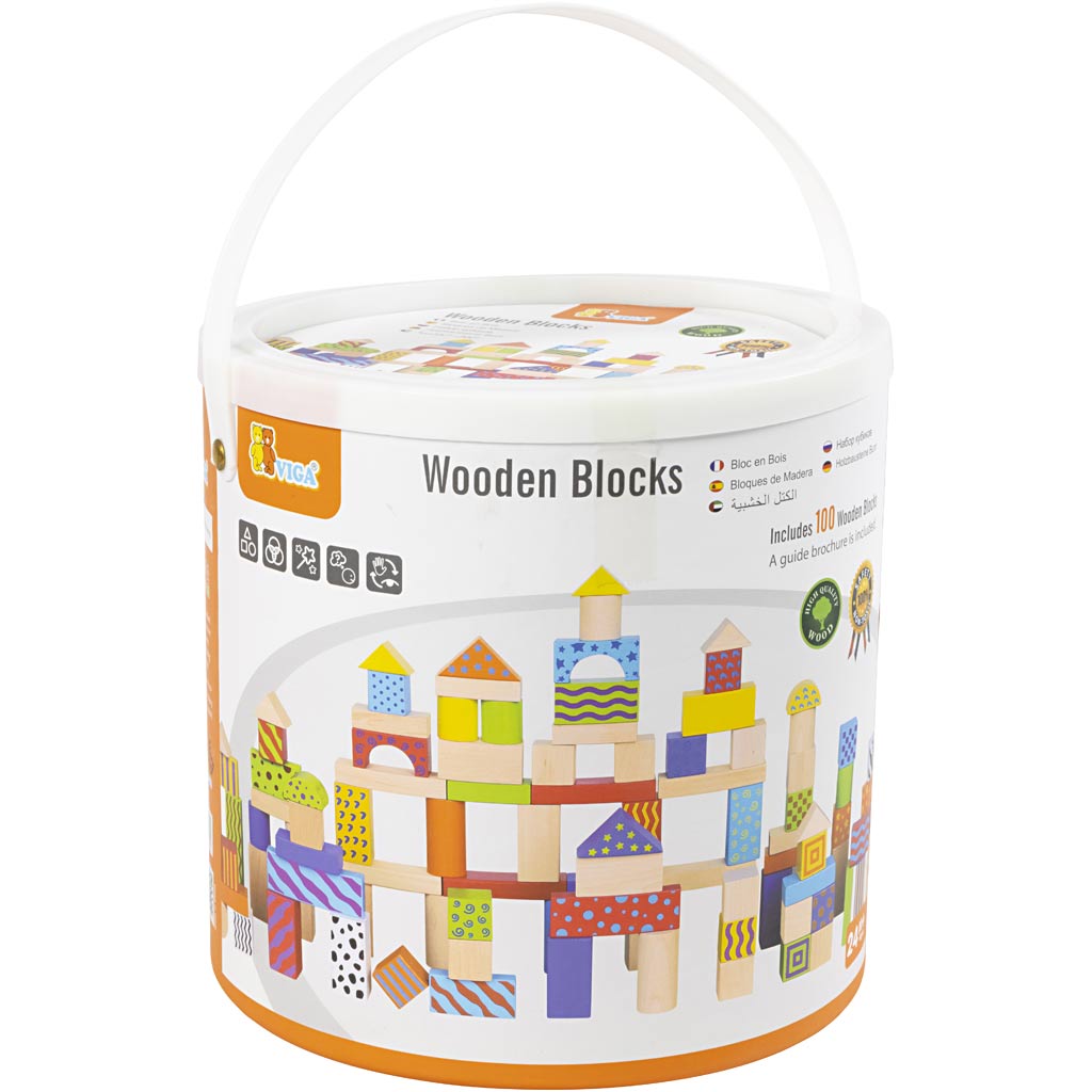 VIGA wooden blocks with pattern, size 3 cm, assorted colours, 100 parts/ 1 set [HOB-907730]