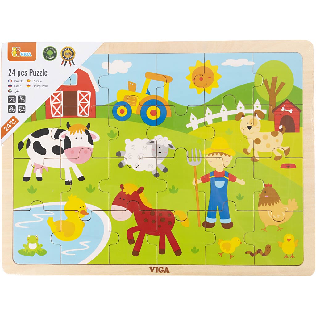 VIGA Wooden Jigsaw Puzzles, farm animals, size 30x22,5 cm, 24 puzzle pieces, 1 pc [HOB-907789]