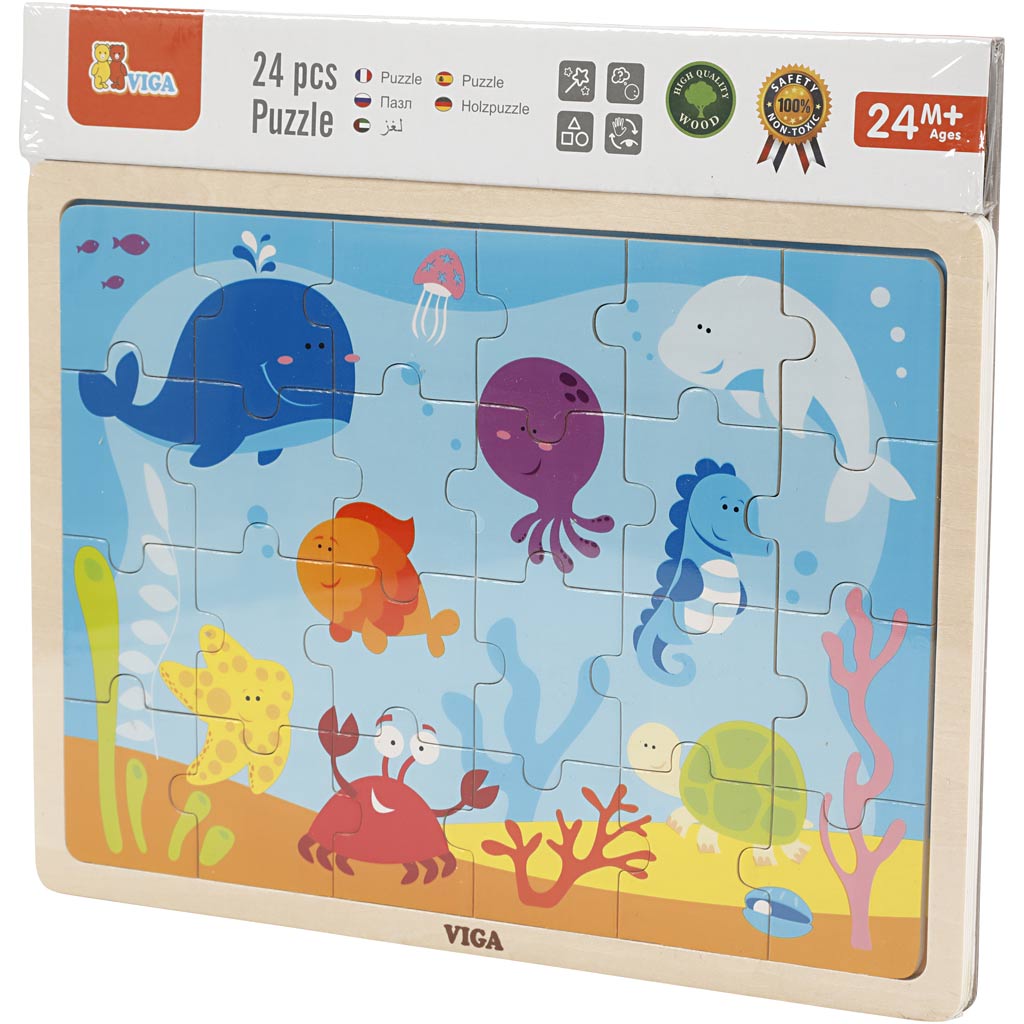 VIGA Wooden Jigsaw Puzzles, marine animals, size 30x22,5 cm, 24 puzzle pieces, 1 pc [HOB-907791]