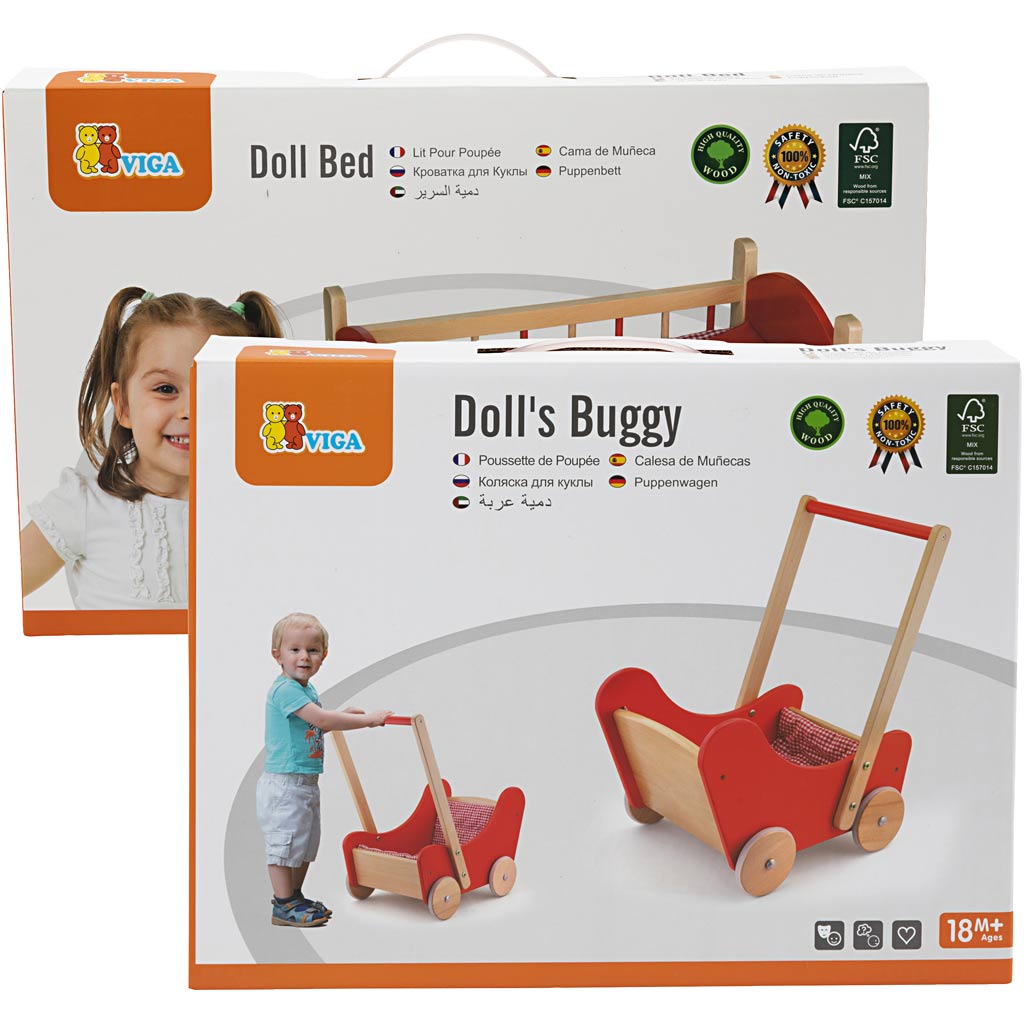 VIGA doll’s bed and wooden doll's pram, red, 2 parts/ 1 set [HOB-980948]