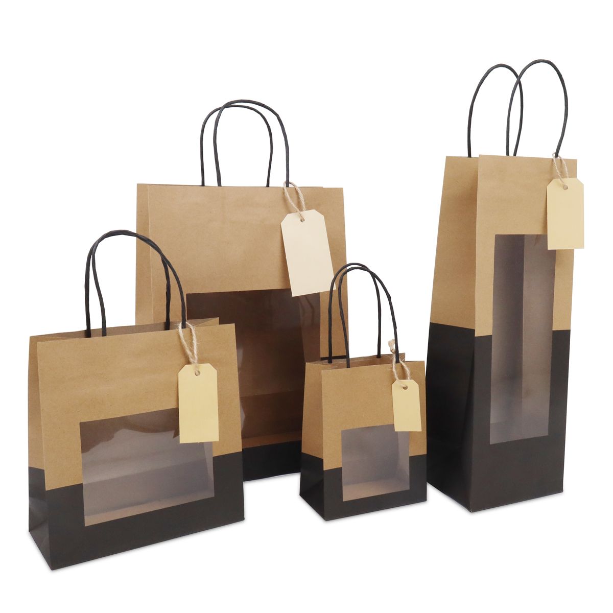 Gift bags with window and tag 12+10x35cm kraft/black (100 pcs) [FP-DPT123]