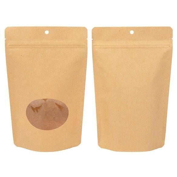 Stand Up Pouches Kraft Compostable 14.9x8.9x23.2cm with oval Window | 312 grams (100 pieces) [ZBGEO7K]