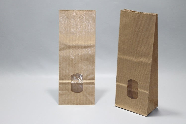 Block Bottom Bags Kraft Brown 10.5x6.5x27.5cm 70 g/m2 lined with 30my OPP Foil and clear Window | 500 grams (100 pieces) [PAB1015]