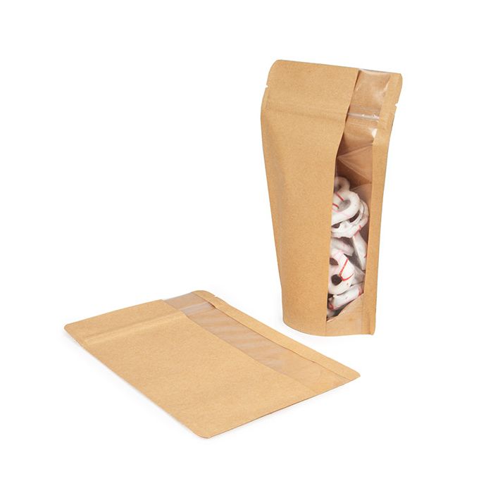 Stand Up Zipper Pouch w/ Vertical Window Kraft 13x7.9x20.6 cm (100 pieces) [ZBGV3K]