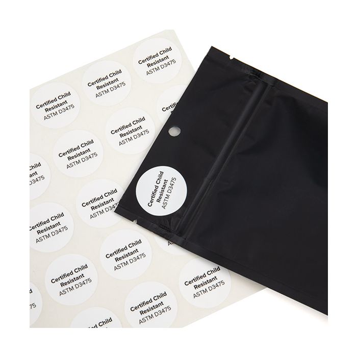 Stickers Round Certified Child Resistant (White w/ Black text) 2,5 cm (1 Sheet) [LS1CCR]