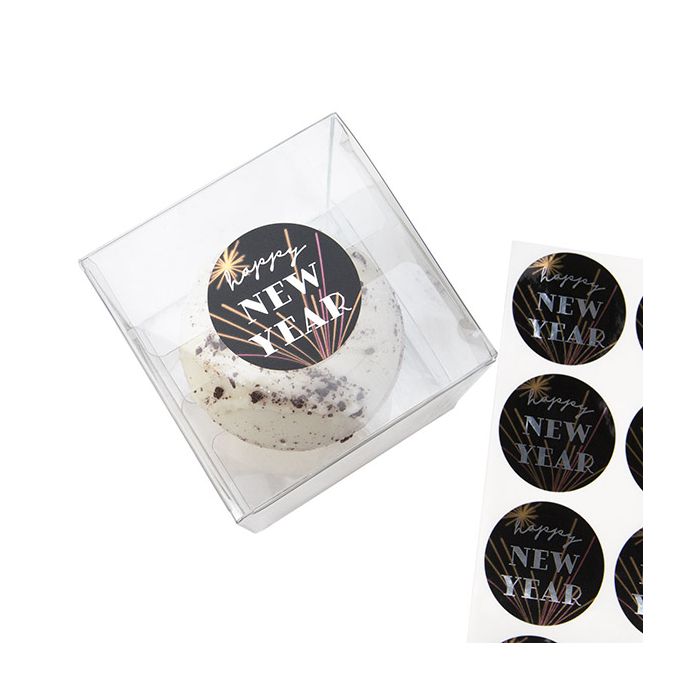 Stickers Round Happy New Year (Round Black w/ White Tekst) 3,8 cm (1 Sheet) [LS1HHNY]