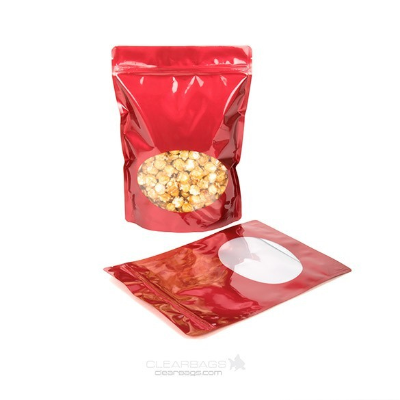 Stand Up Pouches Red with oval Window 21x9x29cm | 510 grams (100 pieces) [ZBGO5R]