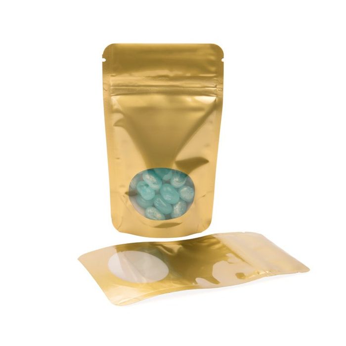 Stand Up Pouches Gold with oval Window 8x5x13cm | 28 grams (100 pieces) [ZBGO1G]
