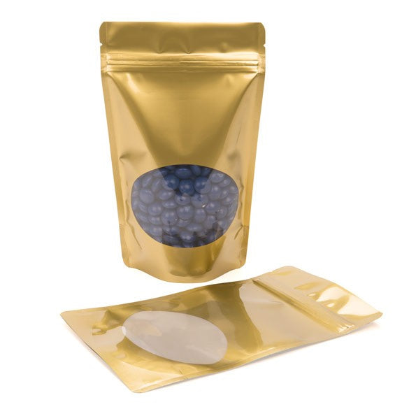 Stand Up Pouches Gold with oval Window 13x7x20.5cm | 113 grams (100 pieces) [ZBGO3G]