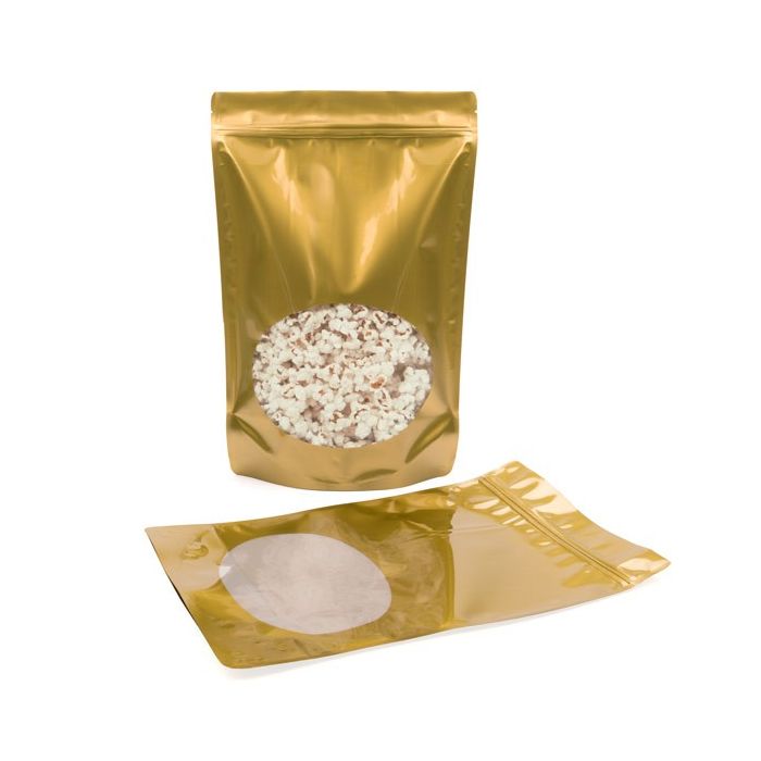 Stand Up Pouches Gold with oval Window 23x12x34.5cm | 907 grams (100 pieces) [ZBGO6G]