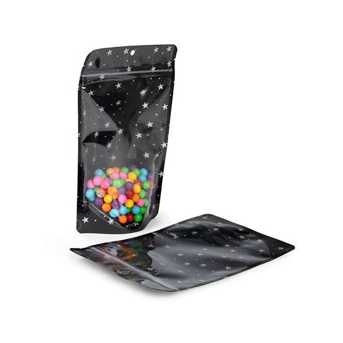 Stand Up Pouches transparent/Black Holographic Stars 13x7,9x20,6 cm (25 pieces) [ZBGHB3C]