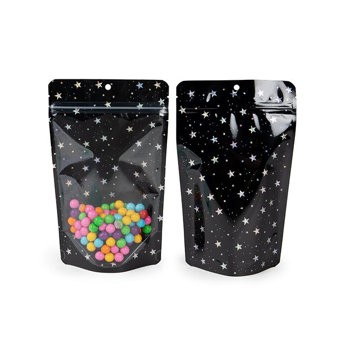 Stand Up Pouches transparent/Black Holographic Stars 13x7,9x20,6 cm (25 pieces) [ZBGHB3C]