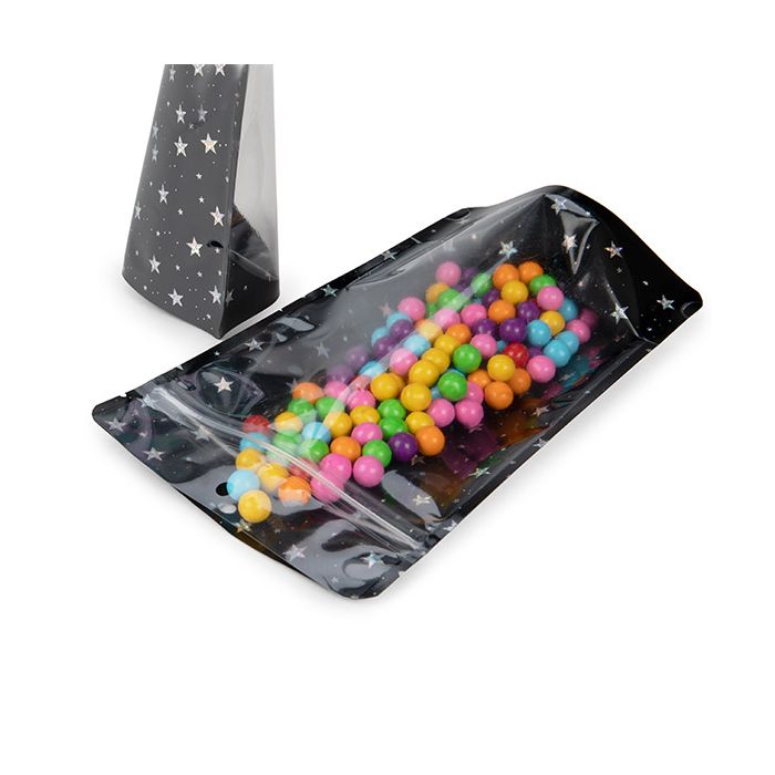 Stand Up Pouches transparent/Black Holographic Stars 13x7,9x20,6 cm (25 pieces) [ZBGHB3C]