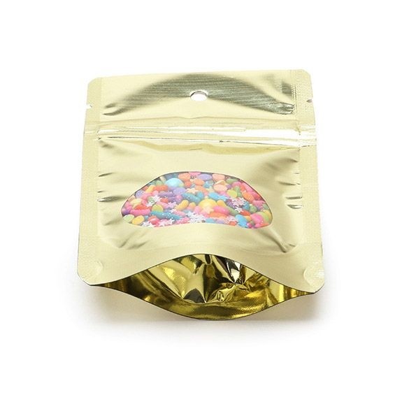 Stand Up Pouches Gold with oval Window 8x5x13cm | 28 grams with hang hole (100 pieces) [ZBGMO1SGH]