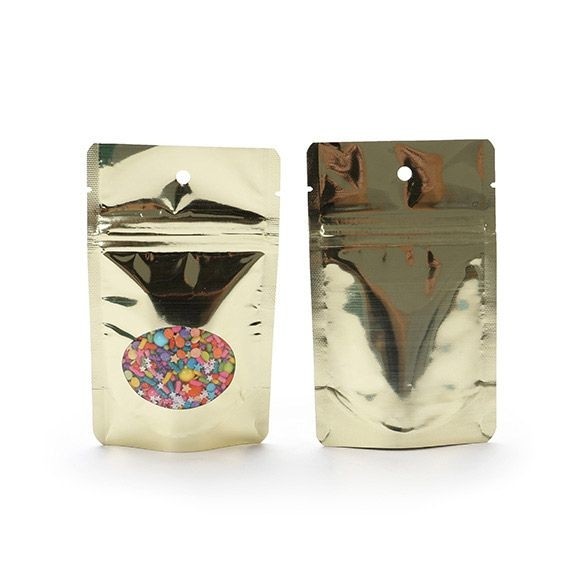 Stand Up Pouches Gold with oval Window 8x5x13cm | 28 grams with hang hole (100 pieces) [ZBGMO1SGH]