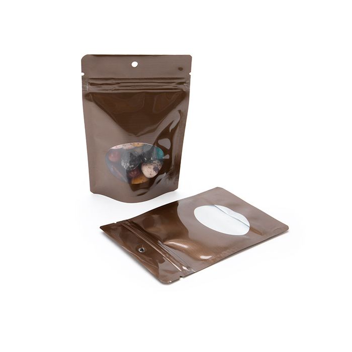 Stand Up Pouch Bronze w/ Oval Window 10.2x6x15.2 cm With Round Hanghole (100 pieces) [ZBGMO2BZH]