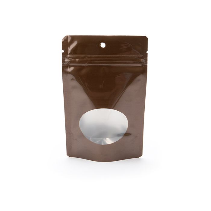 Stand Up Pouch Bronze w/ Oval Window 10.2x6x15.2 cm With Round Hanghole (100 pieces) [ZBGMO2BZH]