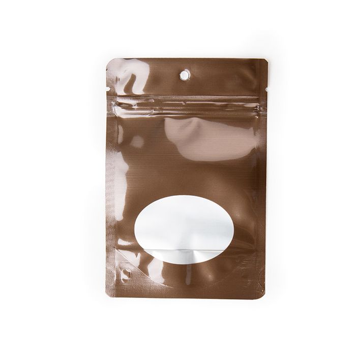 Stand Up Pouch Bronze w/ Oval Window 10.2x6x15.2 cm With Round Hanghole (100 pieces) [ZBGMO2BZH]