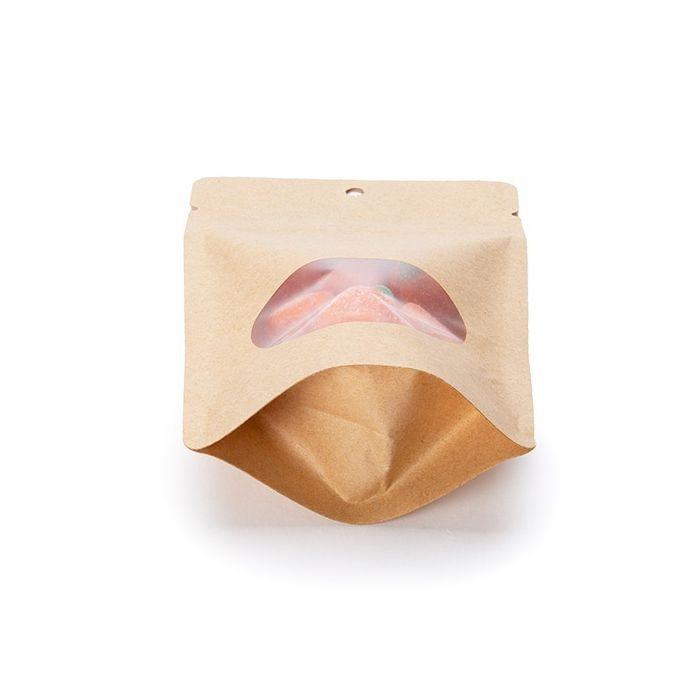 Stand Up Pouches Kraft with oval Window 10x6x15cm | 57 grams with round hang hole (100 pieces) [ZBGO2KH]