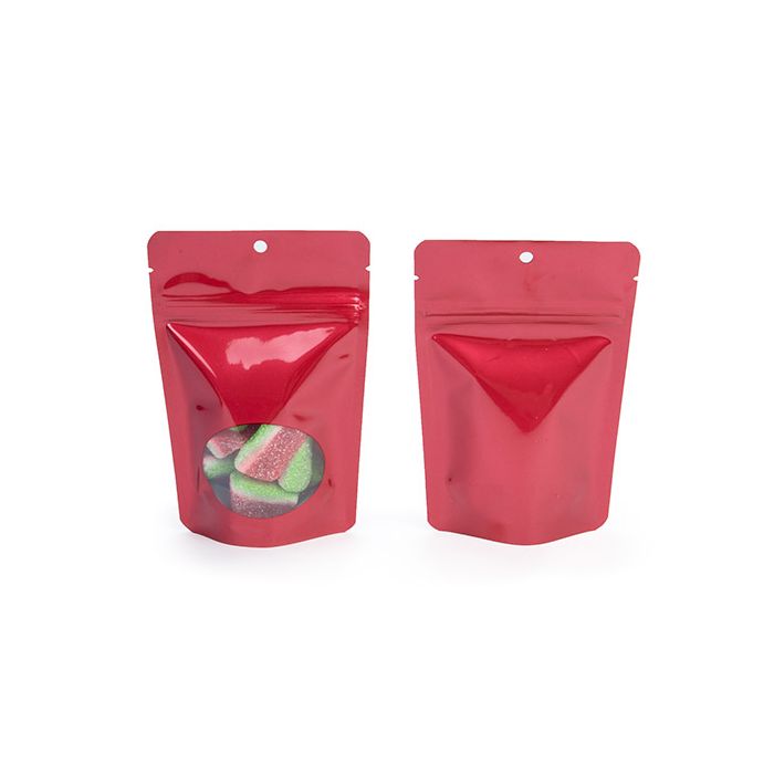Stand Up Pouches Red With Oval Window 10,2x6x15,2cm With Hanghole (100 Pieces) [ZBGO2RH]