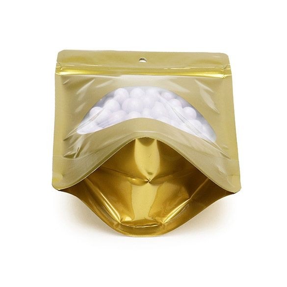 Stand Up Pouches Gold with oval Window 13x7x20.5cm | 113 grams with hang hole (100 pieces) [ZBGO3GH]